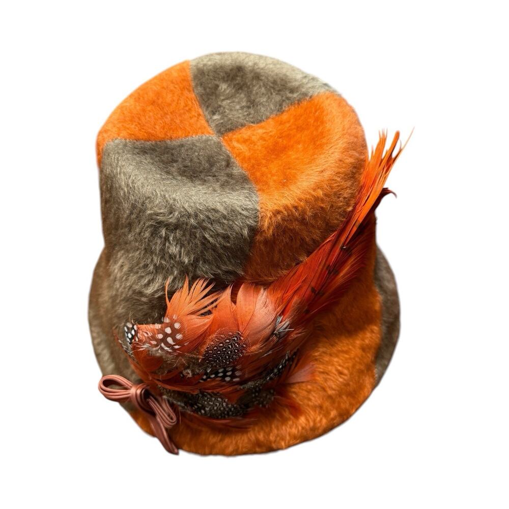 Vintage Mid Century Modern Bucket Hat Felted Fur Ladies Hat Orange/Taupe